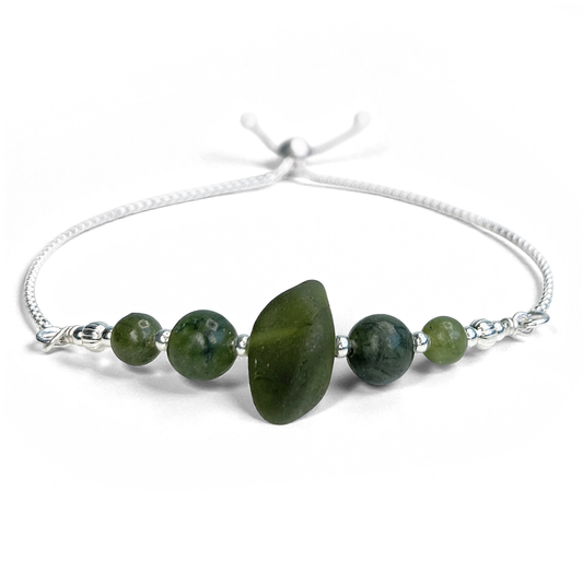 Sea Glass Bracelet - Olive Green - Silver and Jade Crystal