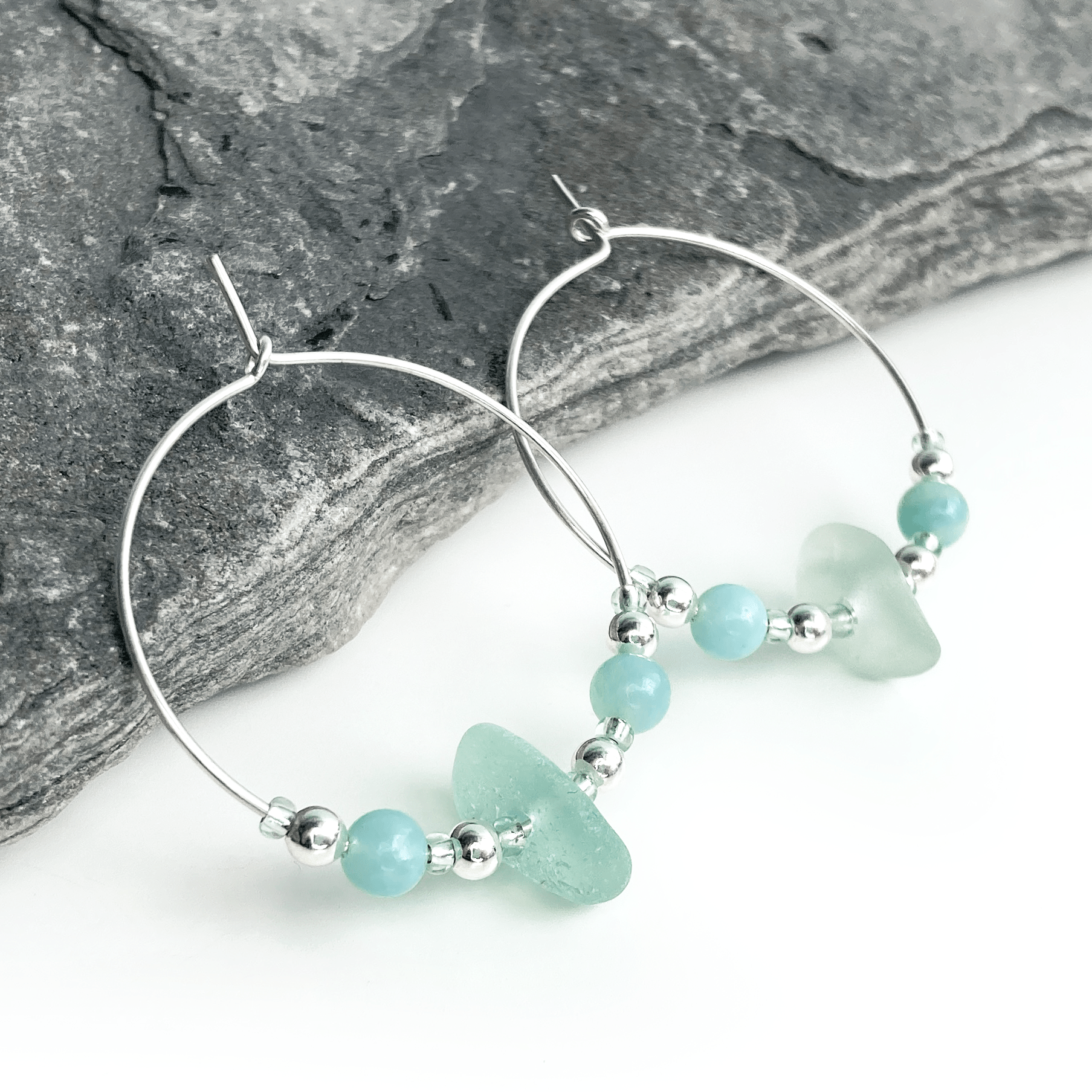 Large Sea Glass Hoop Earrings - Sterling Silver with Green Amazonite Crystal Beads - East Neuk Beach Crafts