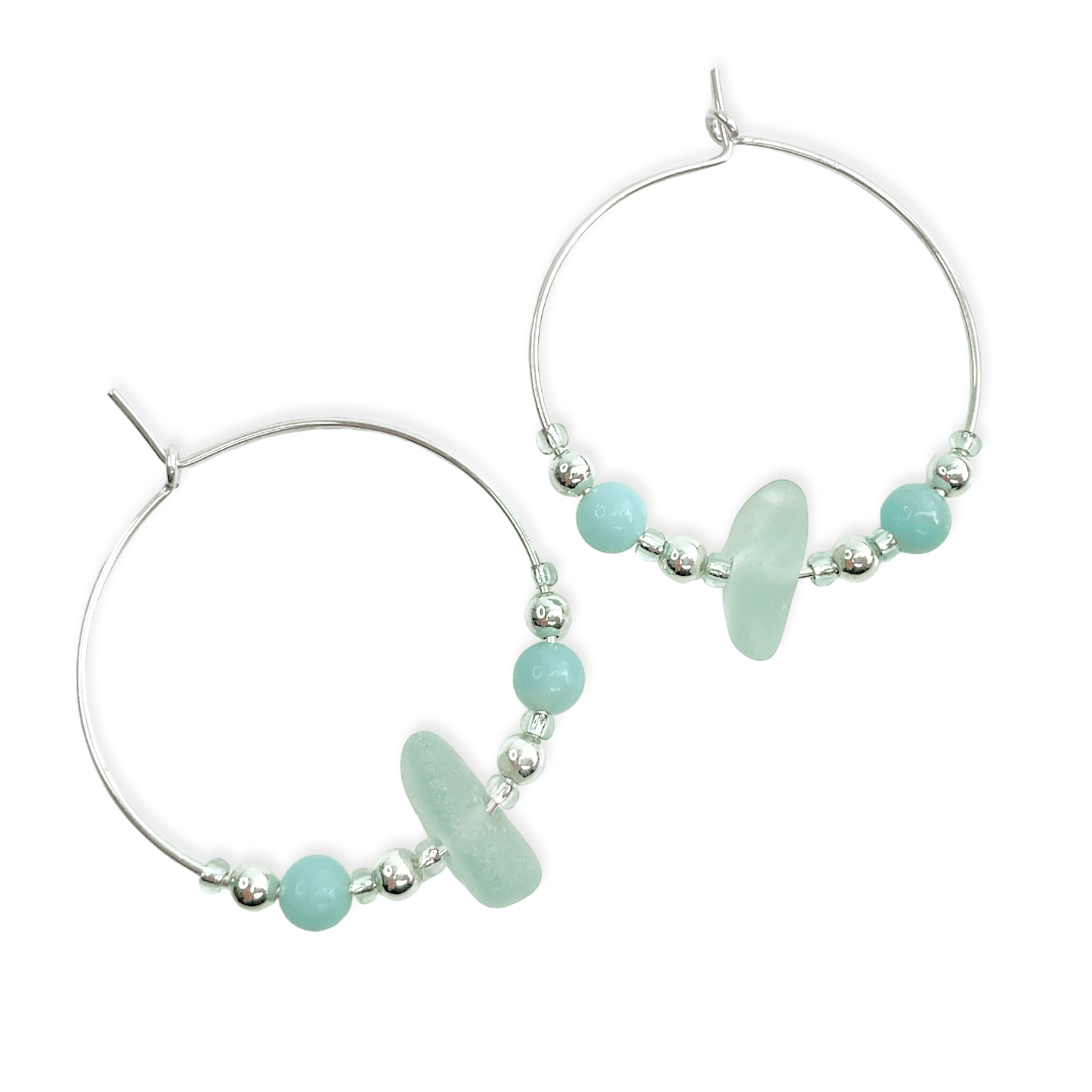 Large Sea Glass Hoop Earrings - Sterling Silver with Green Amazonite Crystal Beads - East Neuk Beach Crafts