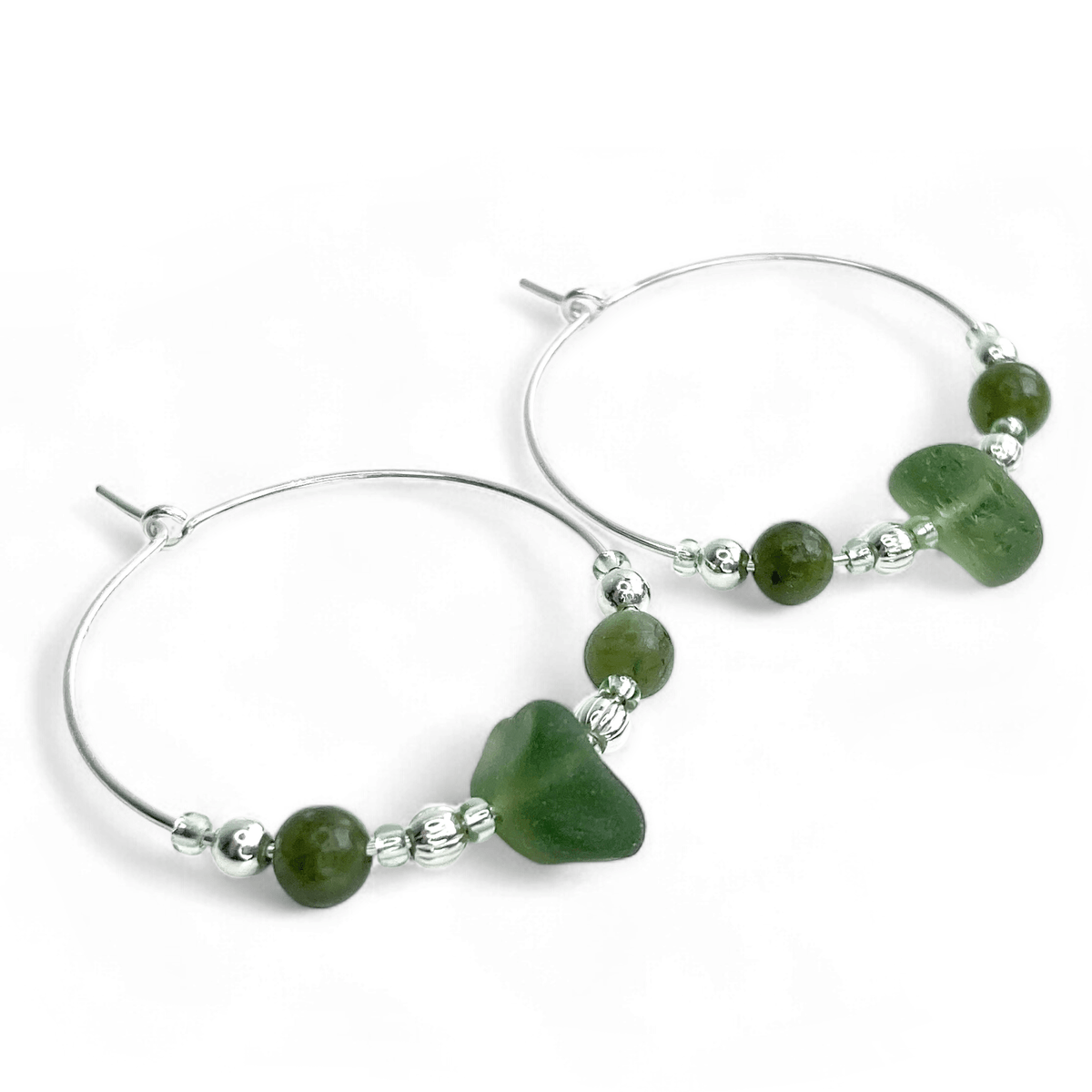 Real 10mm Natural Green Jade Round Gemstone Silver Hook Dangle Earrings - AAA Nickel-Free