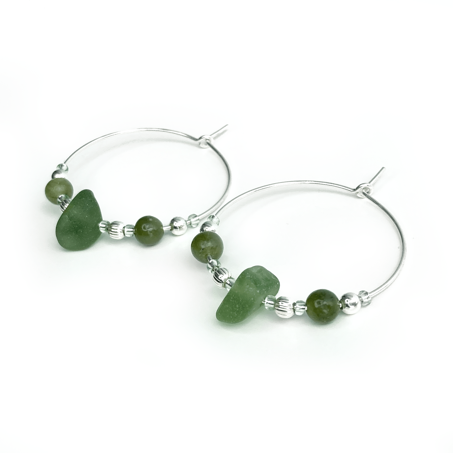 Large Sea Glass Hoop Earrings - Sterling Silver with Green Jade Crystal Beads - East Neuk Beach Crafts