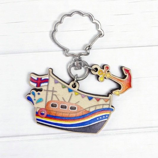 Wooden Keyring - RNLI Lifeboat and Anchor - Maple Wood Key Chain with Shell Clasp
