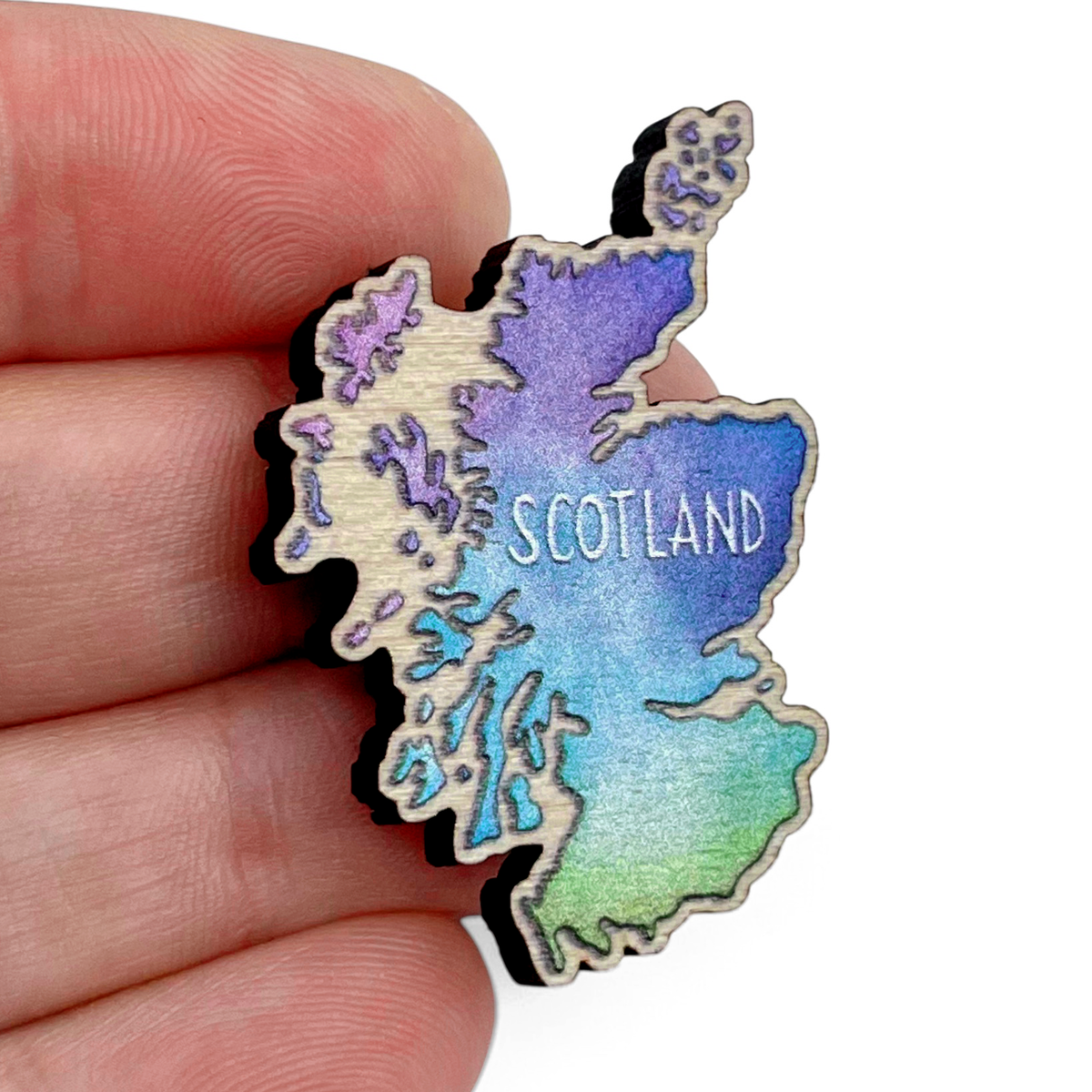 Scotland Map Pin Badge - Scottish Wooden Brooch