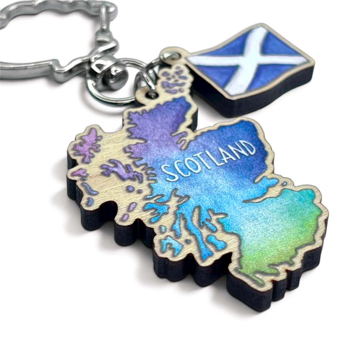 Scotland Map Keyring - Saltire Flag - Wooden Scottish Key Chain