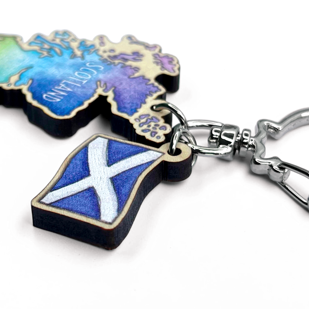Scotland Map Keyring - Saltire Flag - Wooden Scottish Key Chain