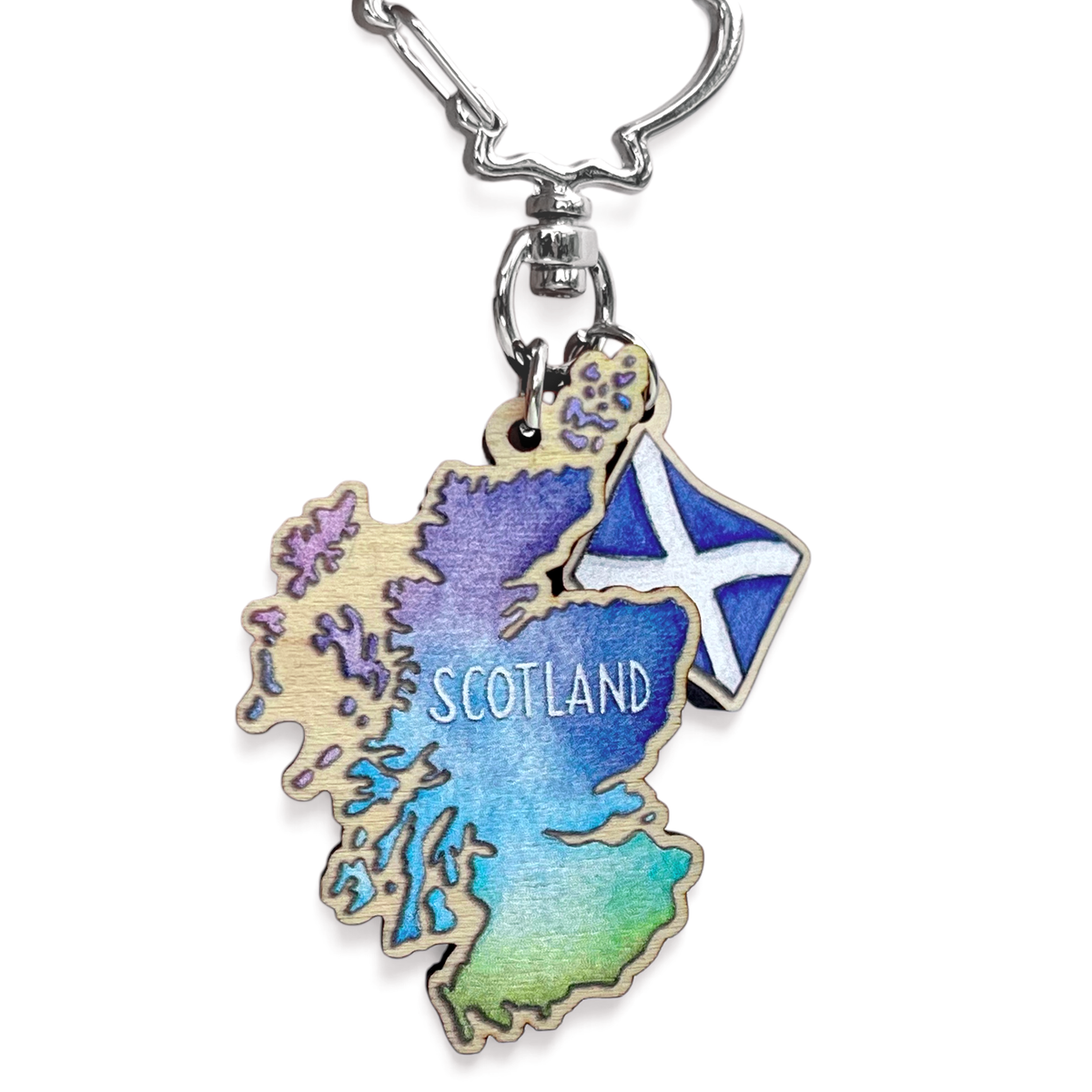 Scotland Map Keyring - Saltire Flag - Wooden Scottish Key Chain