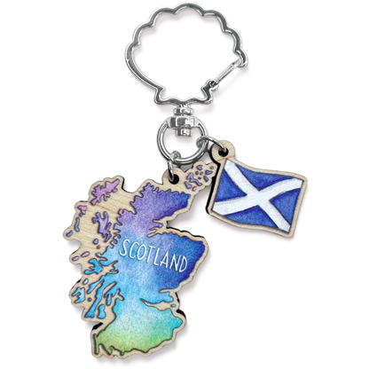 Scotland Map Keyring - Saltire Flag - Wooden Scottish Key Chain