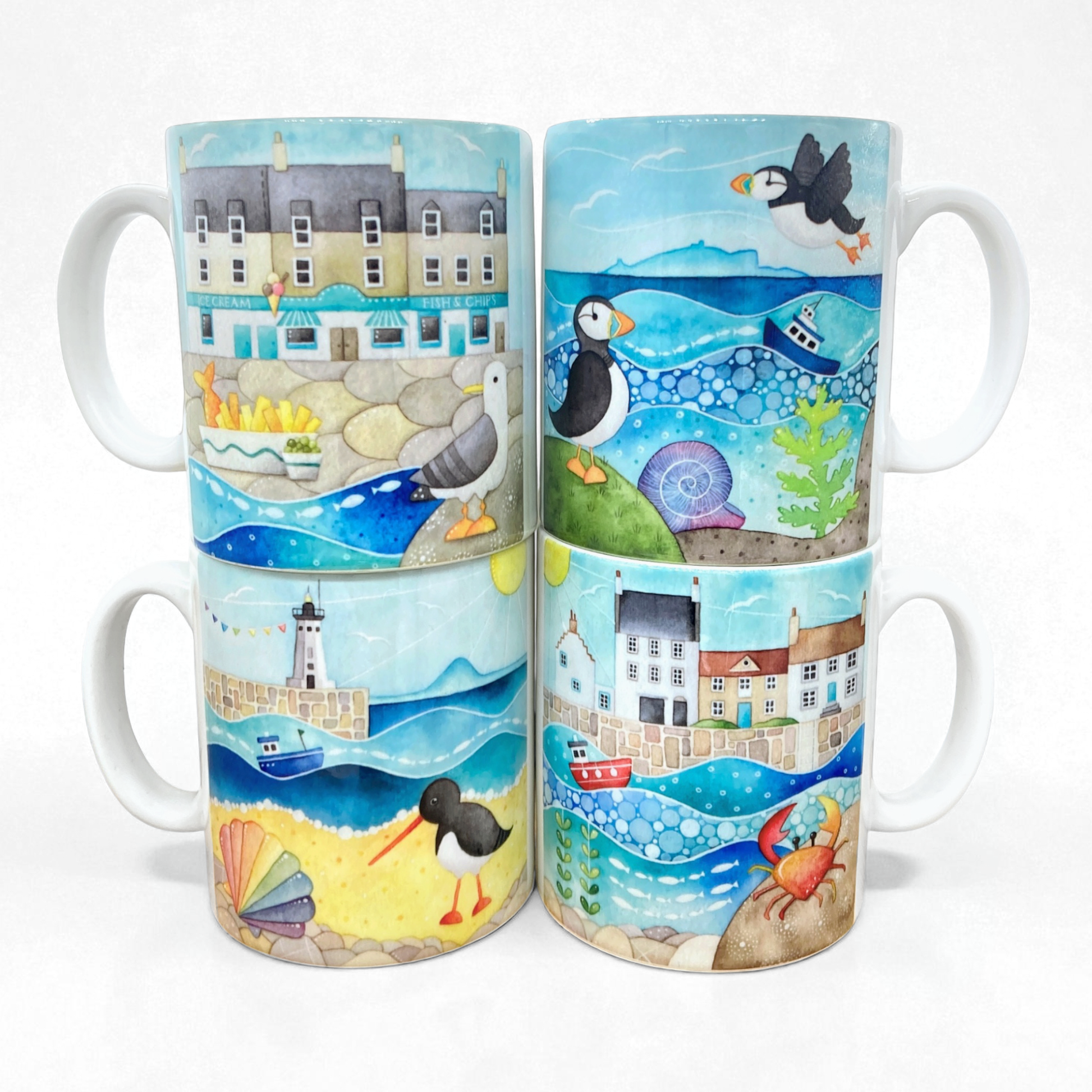 Seaside Mug Set x4 - Puffin, Seagull, Oystercatcher, Crab - Save £4