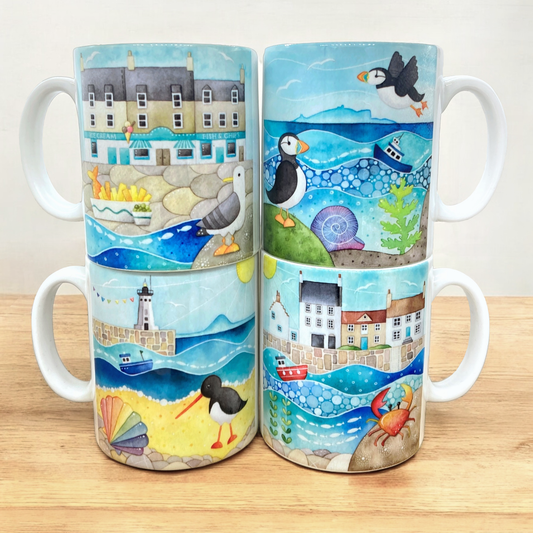 Set of Seaside Mugs x4 - Puffin, Seagull, Crail, Oystercatcher - East Neuk of Fife - Save £4