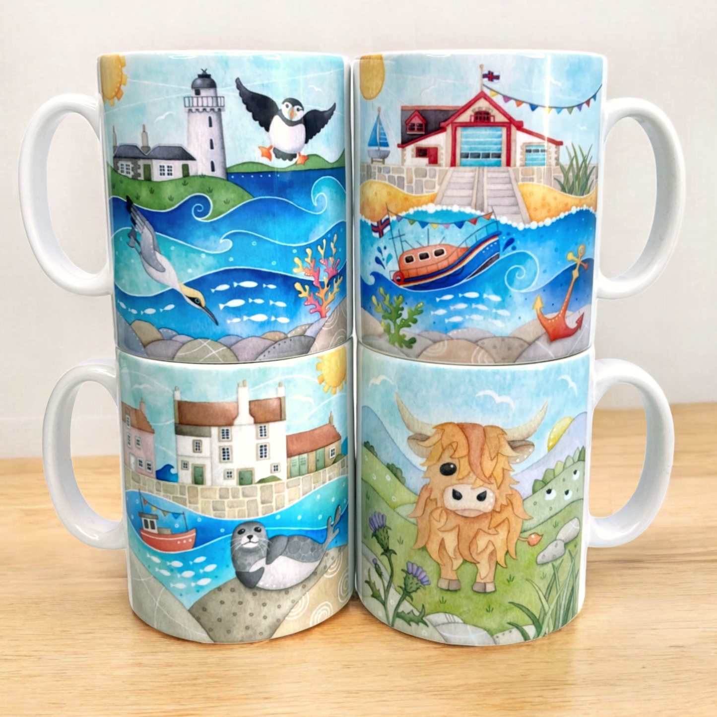 Set of Seaside Mugs x4 - Puffin, Seal, Gannet, Lifeboat, Highland Coo - Save £4