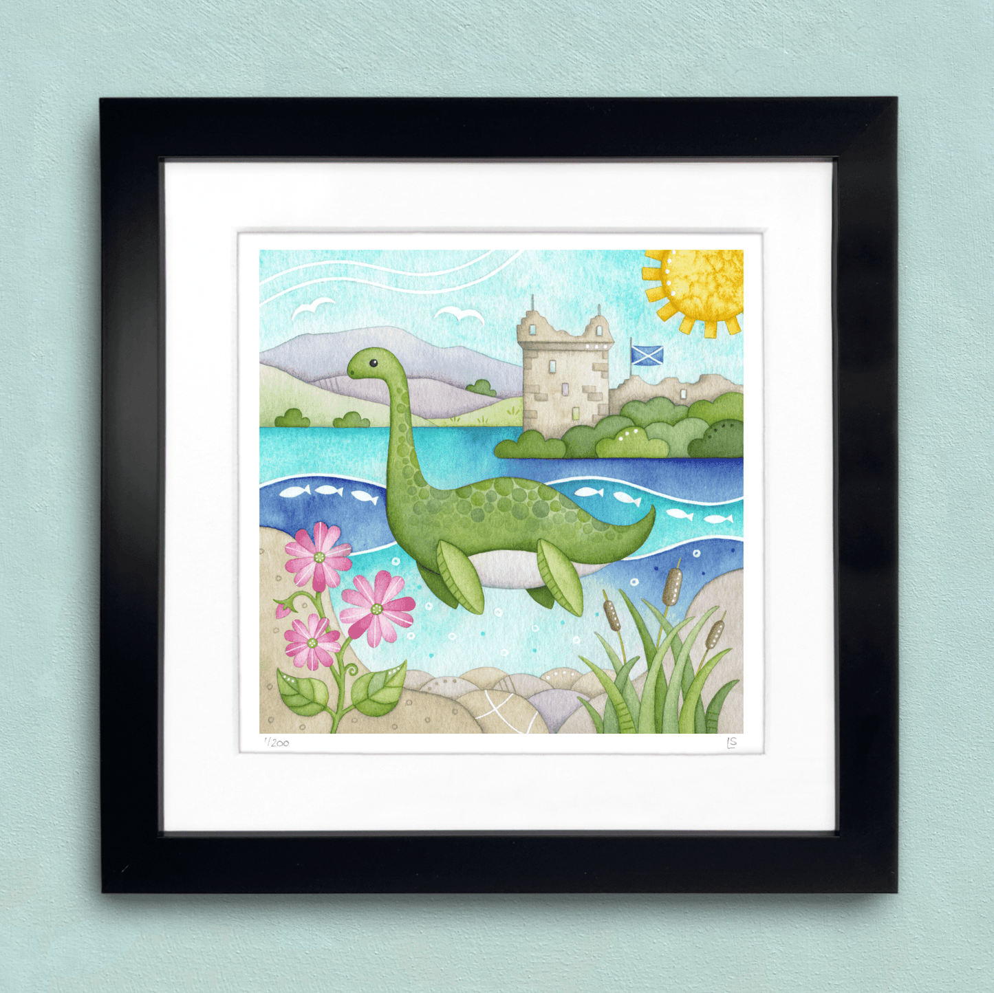 Nessie Framed Print - Loch Ness Monster and Urquhart Castle Watercolour - East Neuk Beach Crafts