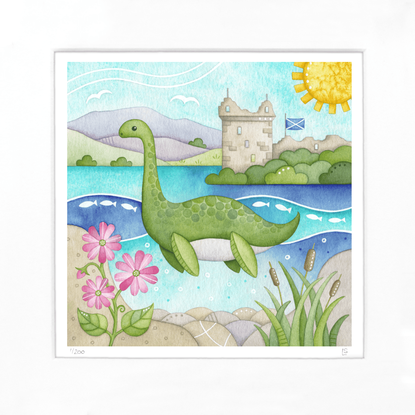Nessie Framed Print - Loch Ness Monster and Urquhart Castle Watercolour - East Neuk Beach Crafts