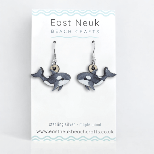 Orca Earrings - Killer Whale - Sterling Silver & Wood - East Neuk Beach Crafts