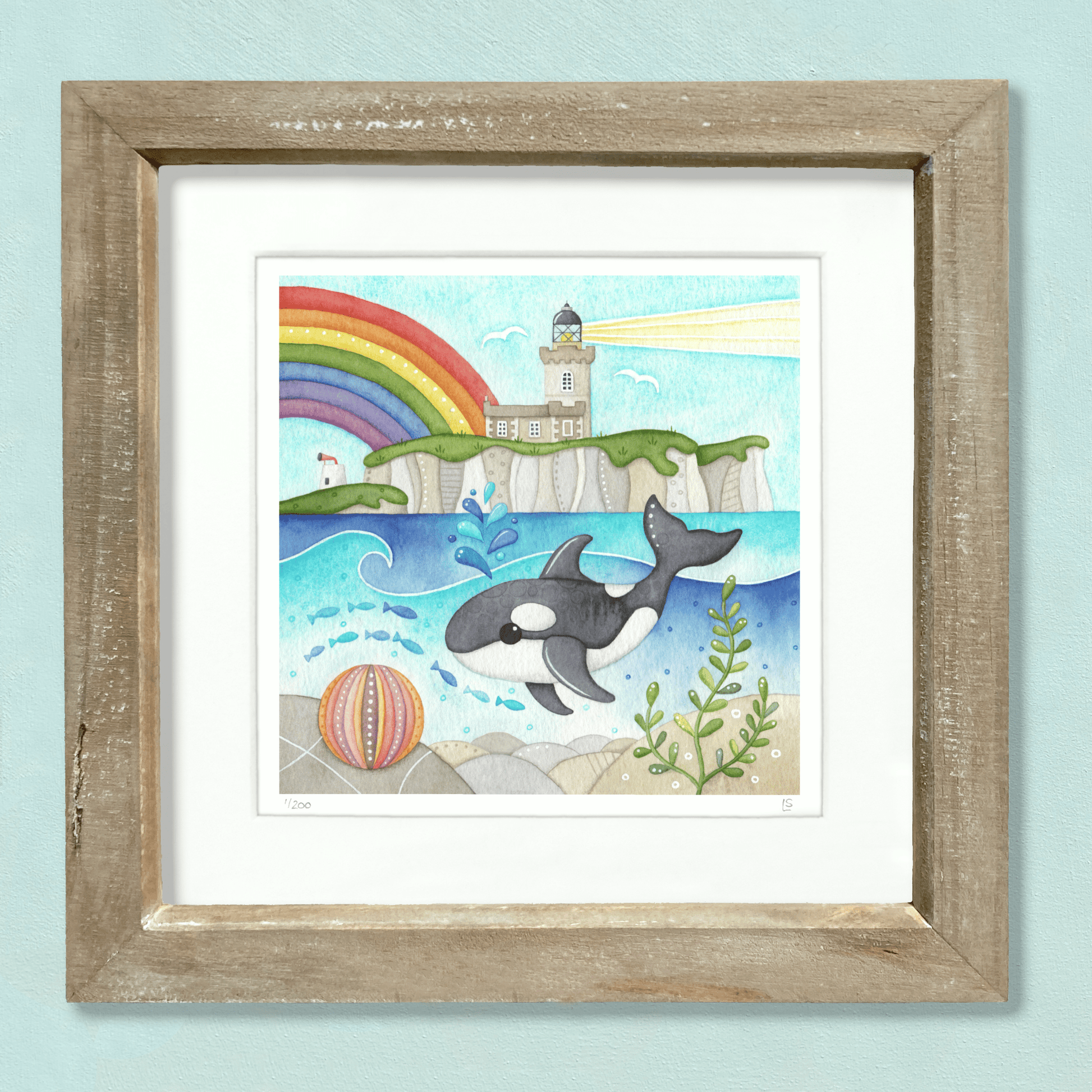 Orca Whale Framed Print - Isle of May Lighthouse - Seaside Watercolour - East Neuk Beach Crafts
