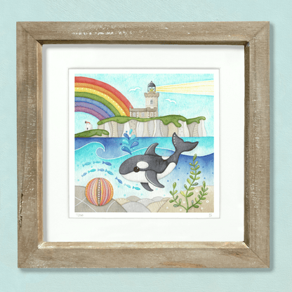 Orca Whale Framed Print - Isle of May Lighthouse - Seaside Watercolour - East Neuk Beach Crafts