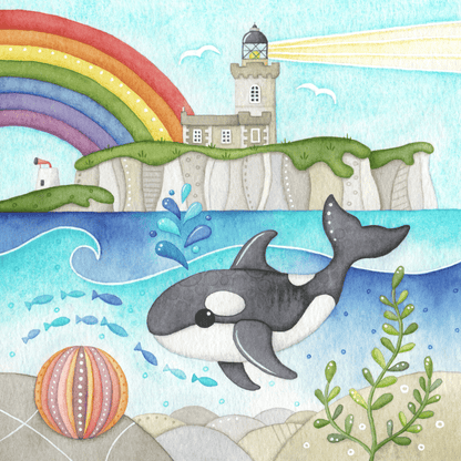 Orca Whale Framed Print - Isle of May Lighthouse - Seaside Watercolour - East Neuk Beach Crafts