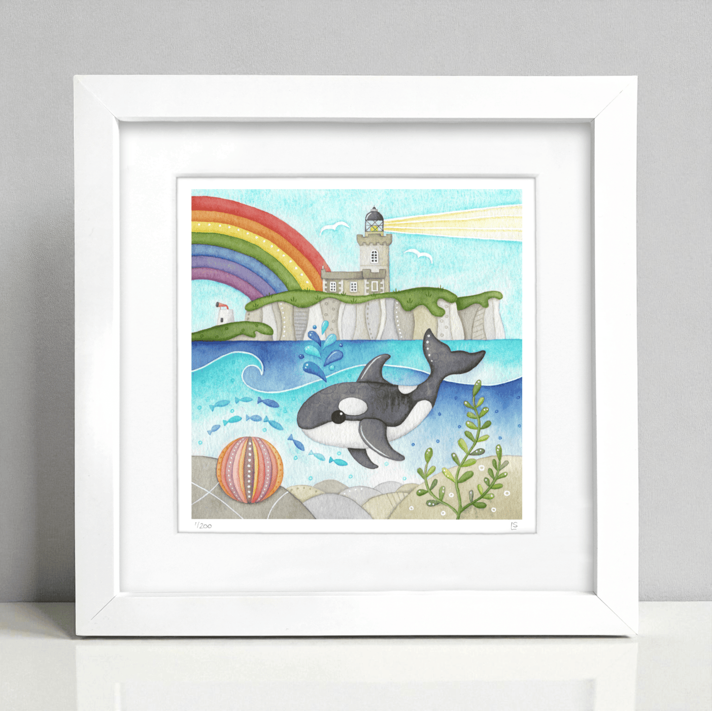 Orca Whale Framed Print - Isle of May Lighthouse - Seaside Watercolour - East Neuk Beach Crafts