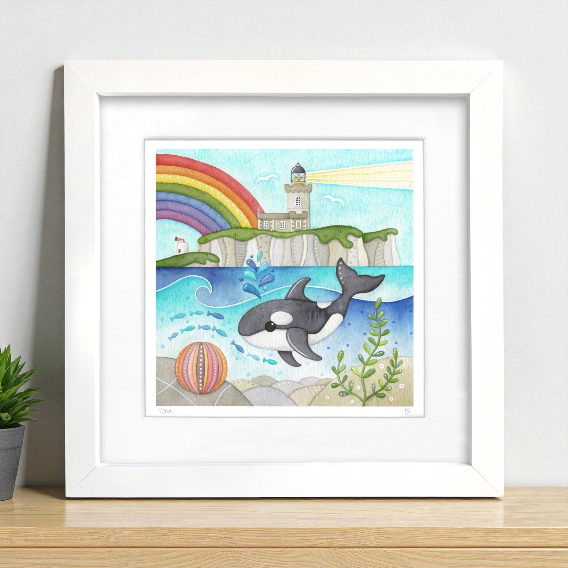 Orca Whale Framed Print - Isle of May Lighthouse - Seaside Watercolour - East Neuk Beach Crafts