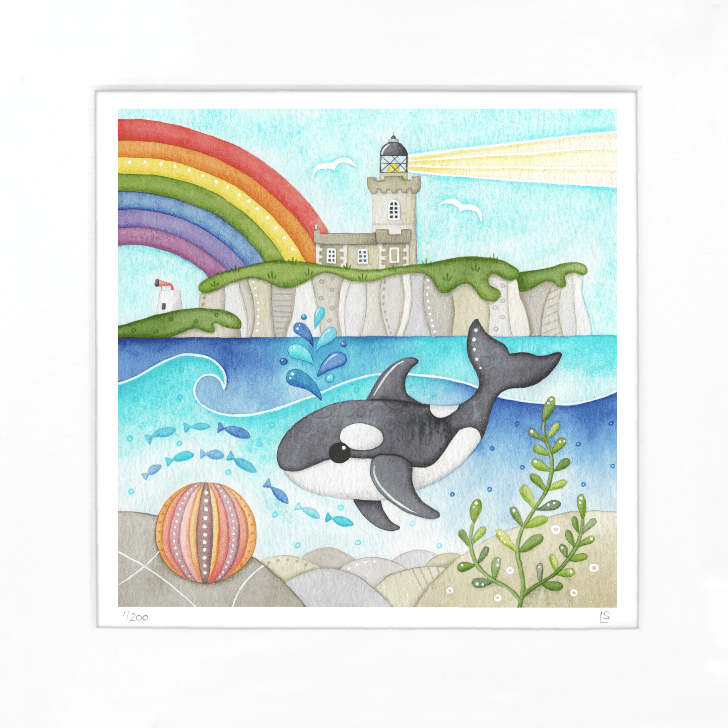 Orca Whale Framed Print - Isle of May Lighthouse - Seaside Watercolour - East Neuk Beach Crafts