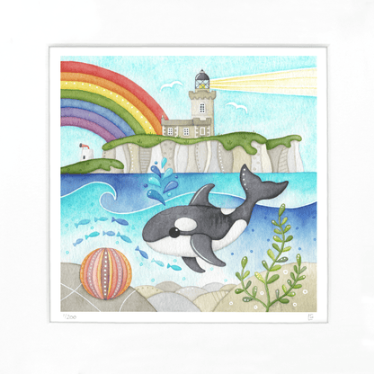 Orca Whale Framed Print - Isle of May Lighthouse - Seaside Watercolour - East Neuk Beach Crafts