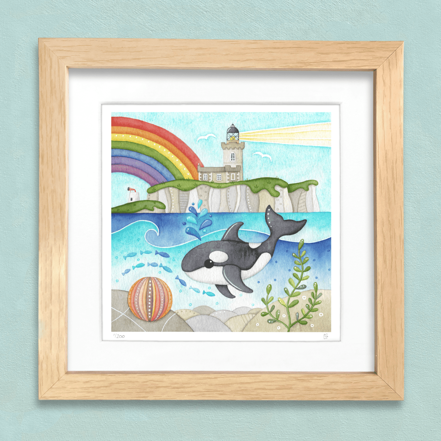 Orca Whale Framed Print - Isle of May Lighthouse - Seaside Watercolour - East Neuk Beach Crafts