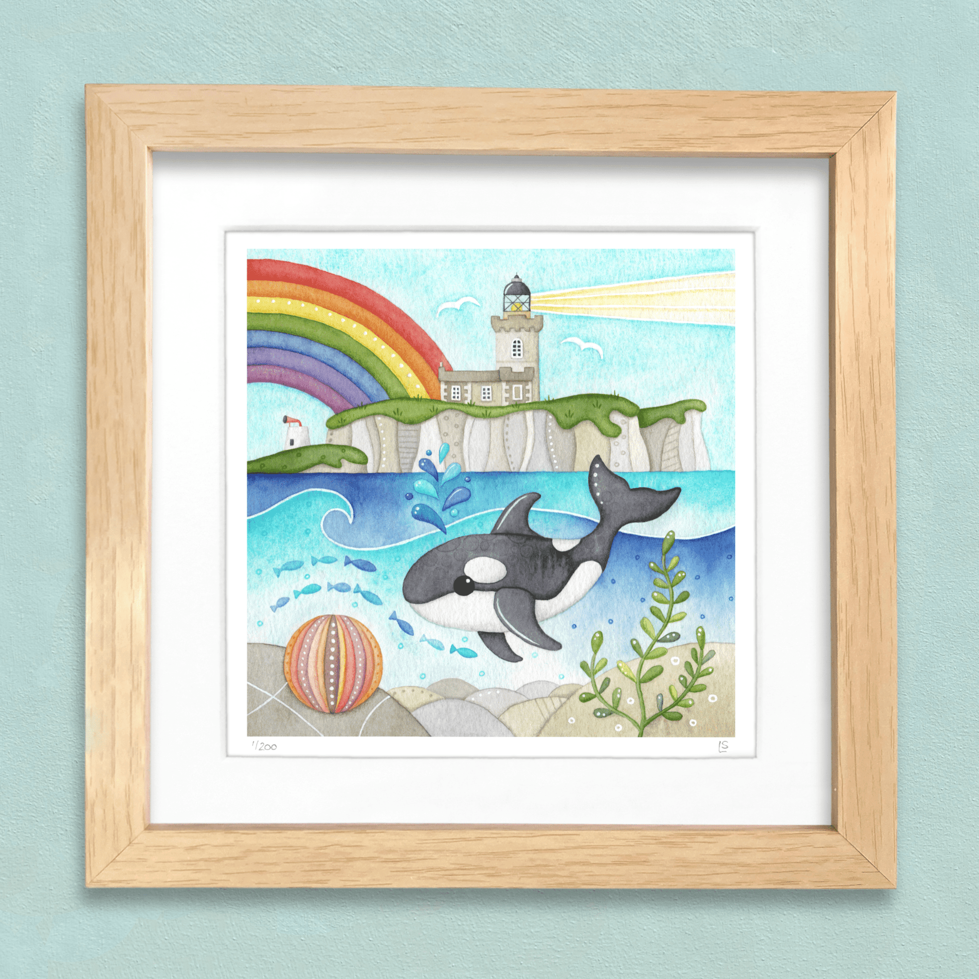 Orca Whale Framed Print - Isle of May Lighthouse - Seaside Watercolour - East Neuk Beach Crafts