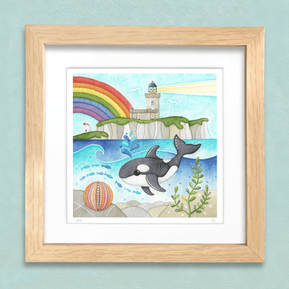 Orca Whale Framed Print - Isle of May Lighthouse - Seaside Watercolour - East Neuk Beach Crafts