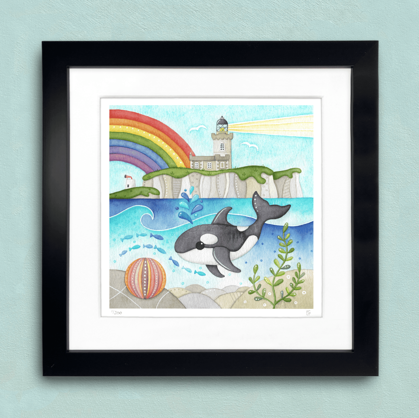 Orca Whale Framed Print - Isle of May Lighthouse - Seaside Watercolour - East Neuk Beach Crafts
