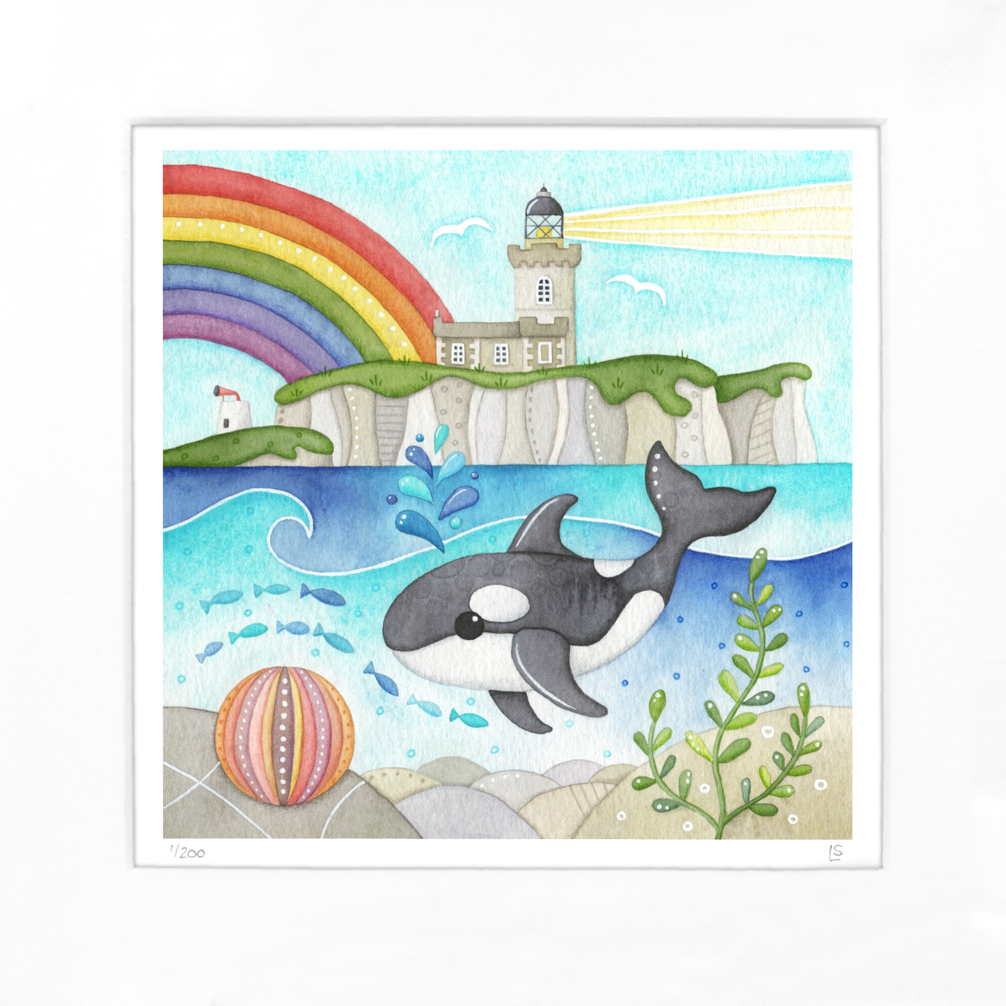 Orca Whale Framed Print - Isle of May Lighthouse - Seaside Watercolour