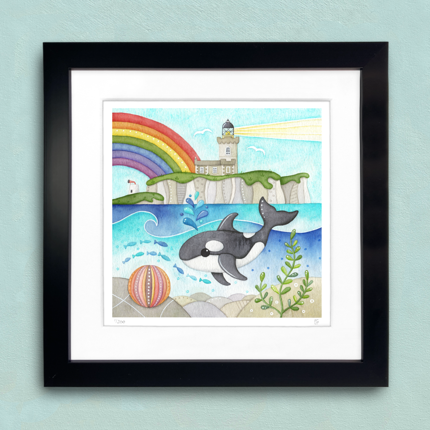 Orca Whale Framed Print - Isle of May Lighthouse - Seaside Watercolour