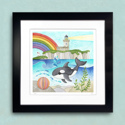 Orca Whale Framed Print - Isle of May Lighthouse - Seaside Watercolour