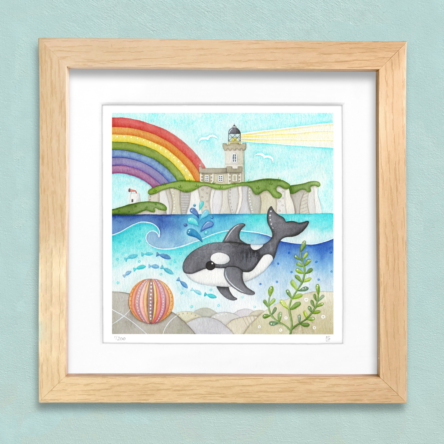Orca Whale Framed Print - Isle of May Lighthouse - Seaside Watercolour