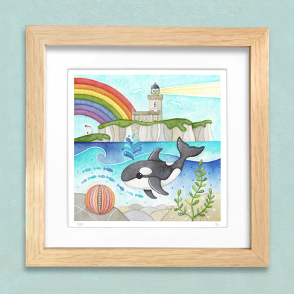 Orca Whale Framed Print - Isle of May Lighthouse - Seaside Watercolour
