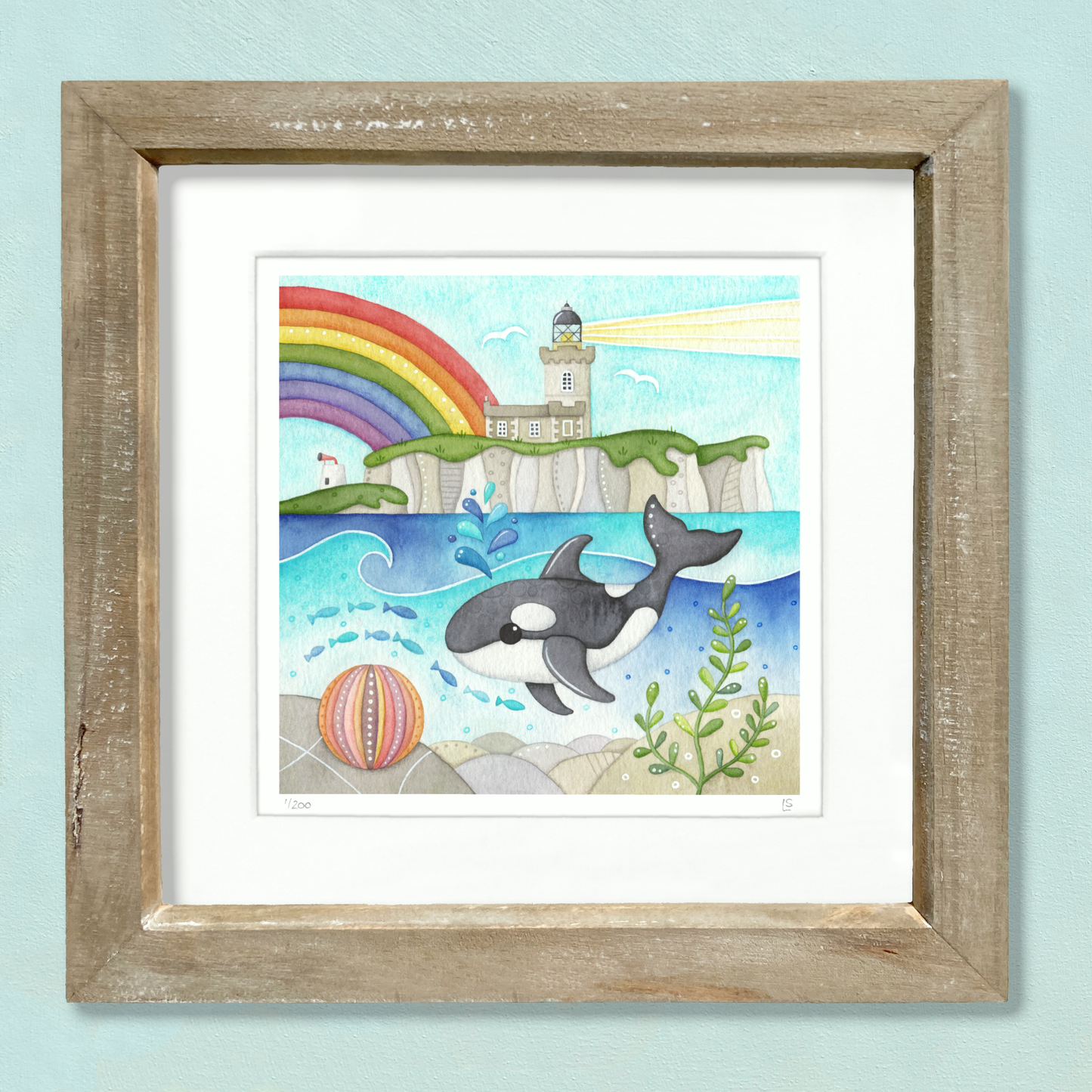 Orca Whale Framed Print - Isle of May Lighthouse - Seaside Watercolour