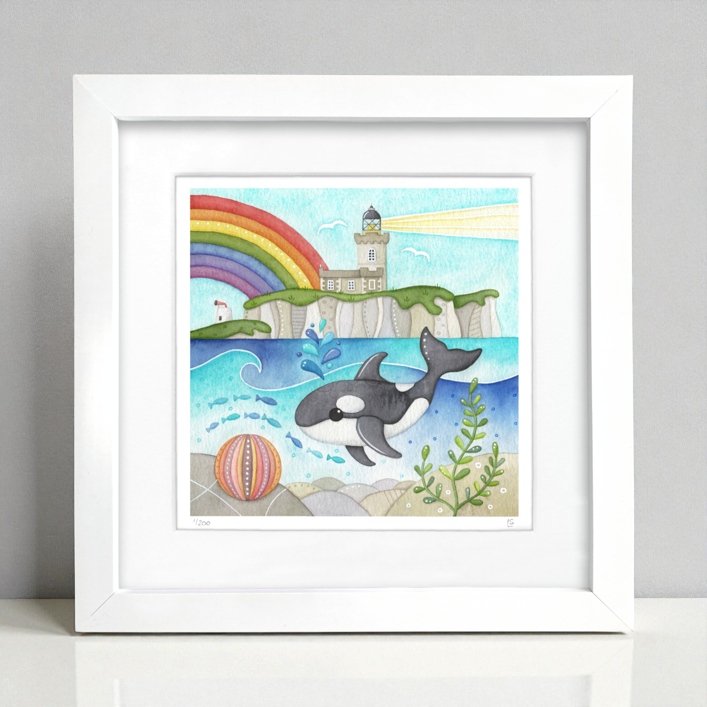 Orca Whale Framed Print - Isle of May Lighthouse - Seaside Watercolour
