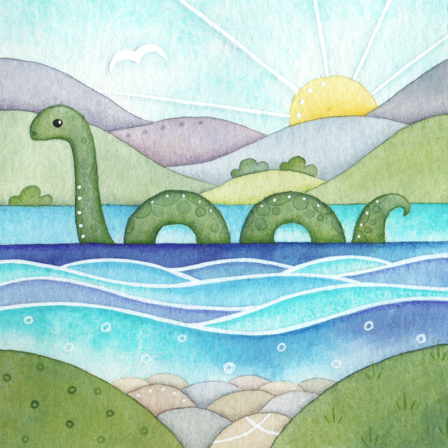 Original Watercolour Painting - Nessie the Loch Ness Monster (Humpy) - East Neuk Beach Crafts