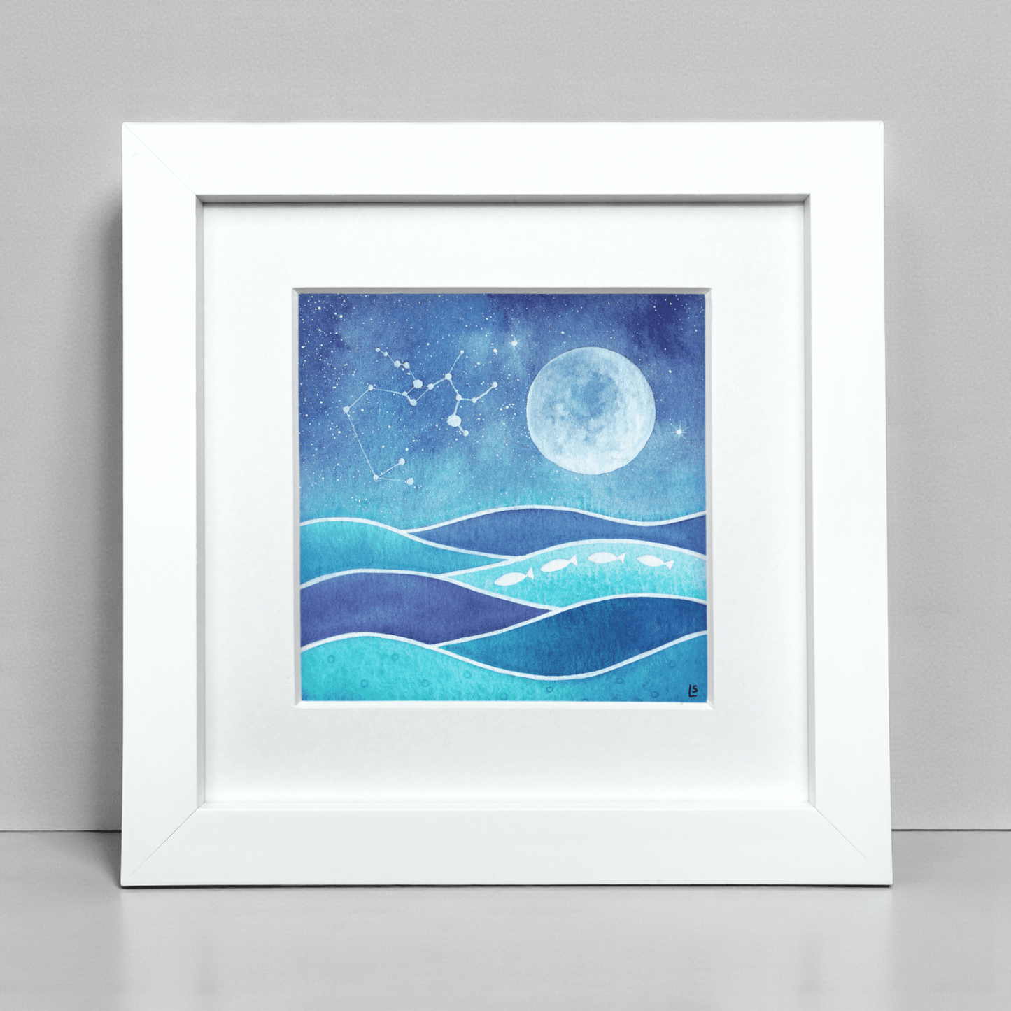 Original Watercolour Painting - Sagittarius Constellation, Wavy Sea and Full Moon - East Neuk Beach Crafts