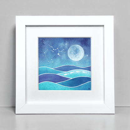 Original Watercolour Painting - Sagittarius Constellation, Wavy Sea and Full Moon - East Neuk Beach Crafts