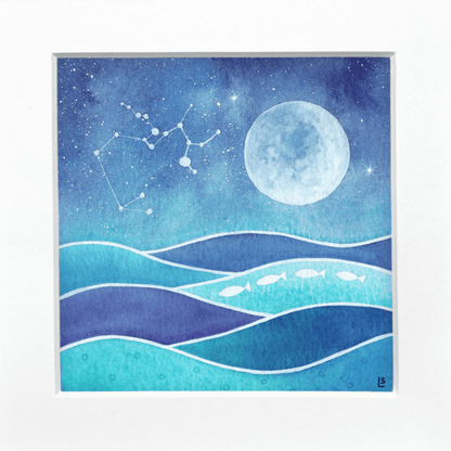 Original Watercolour Painting - Sagittarius Constellation, Wavy Sea and Full Moon - East Neuk Beach Crafts