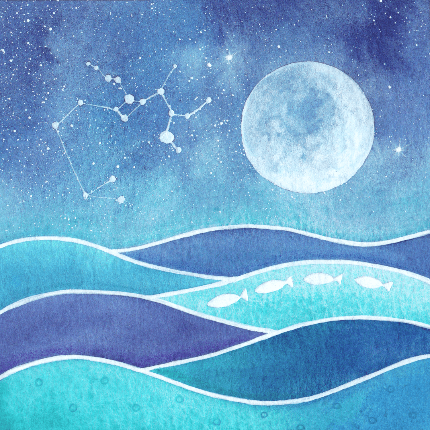 Original Watercolour Painting - Sagittarius Constellation, Wavy Sea and Full Moon - East Neuk Beach Crafts