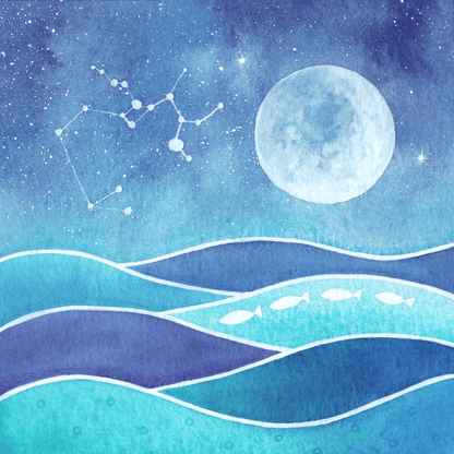Original Watercolour Painting - Sagittarius Constellation, Wavy Sea and Full Moon - East Neuk Beach Crafts