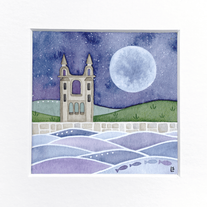 Original Watercolour Painting - St Andrews Cathedral Moonlit Scene - East Neuk Beach Crafts