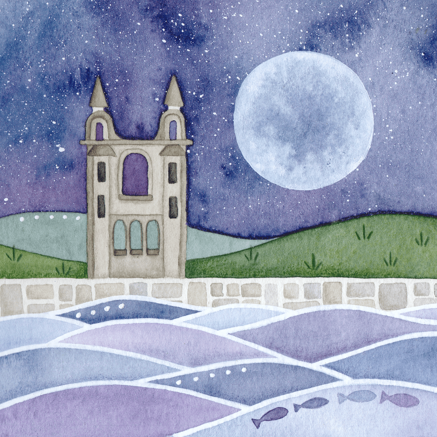 Original Watercolour Painting - St Andrews Cathedral Moonlit Scene - East Neuk Beach Crafts