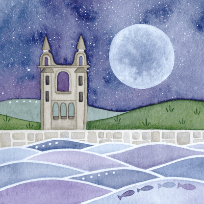 Original Watercolour Painting - St Andrews Cathedral Moonlit Scene - East Neuk Beach Crafts