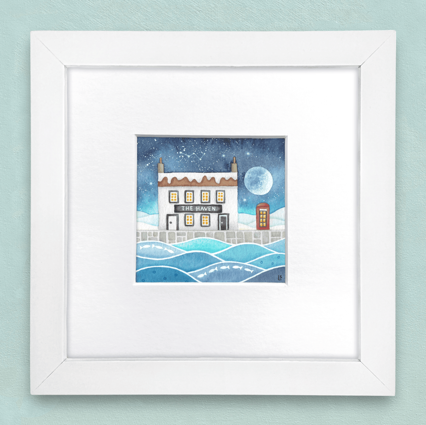 Original Watercolour Painting - The Haven - Snowy Moonlit Scene - East Neuk Beach Crafts