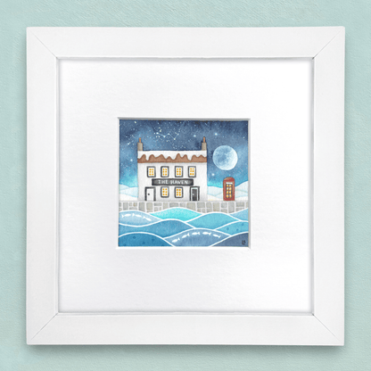 Original Watercolour Painting - The Haven - Snowy Moonlit Scene - East Neuk Beach Crafts
