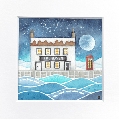 Original Watercolour Painting - The Haven - Snowy Moonlit Scene - East Neuk Beach Crafts