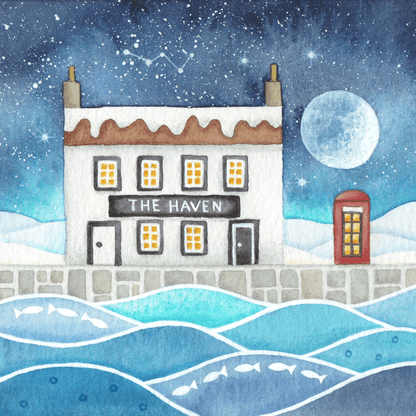Original Watercolour Painting - The Haven - Snowy Moonlit Scene - East Neuk Beach Crafts