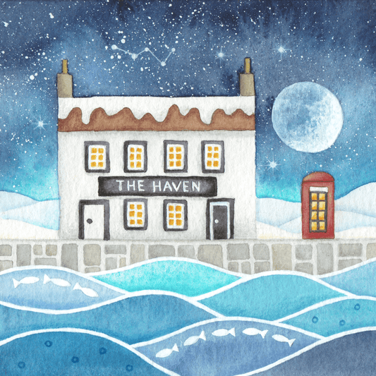 Original Watercolour Painting - The Haven - Snowy Moonlit Scene - East Neuk Beach Crafts
