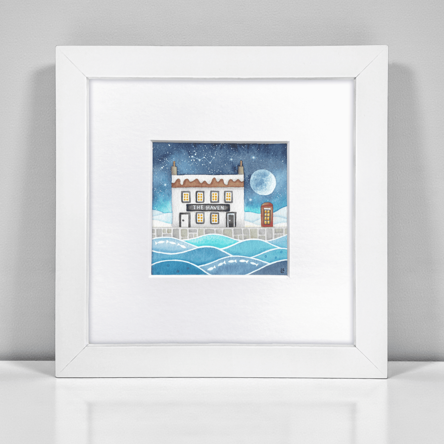 Original Watercolour Painting - The Haven - Snowy Moonlit Scene - East Neuk Beach Crafts